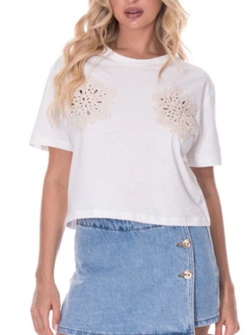 Boho NWT Women’s White Crochet Applique Tee shirt top size S-M-L